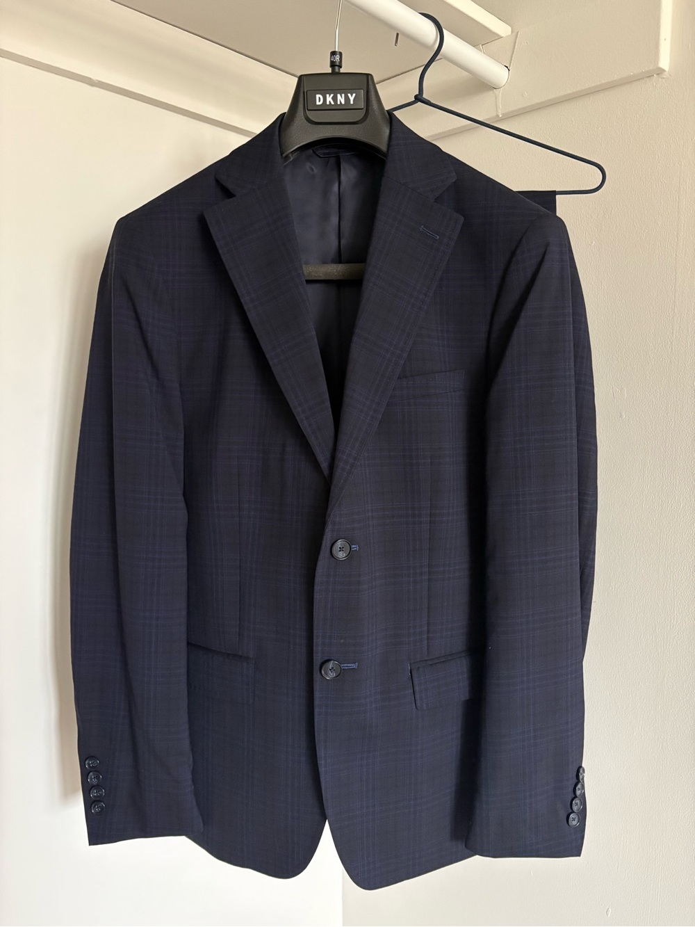 DKNY Men's Navy Plaid Two-Button Suit Jacket